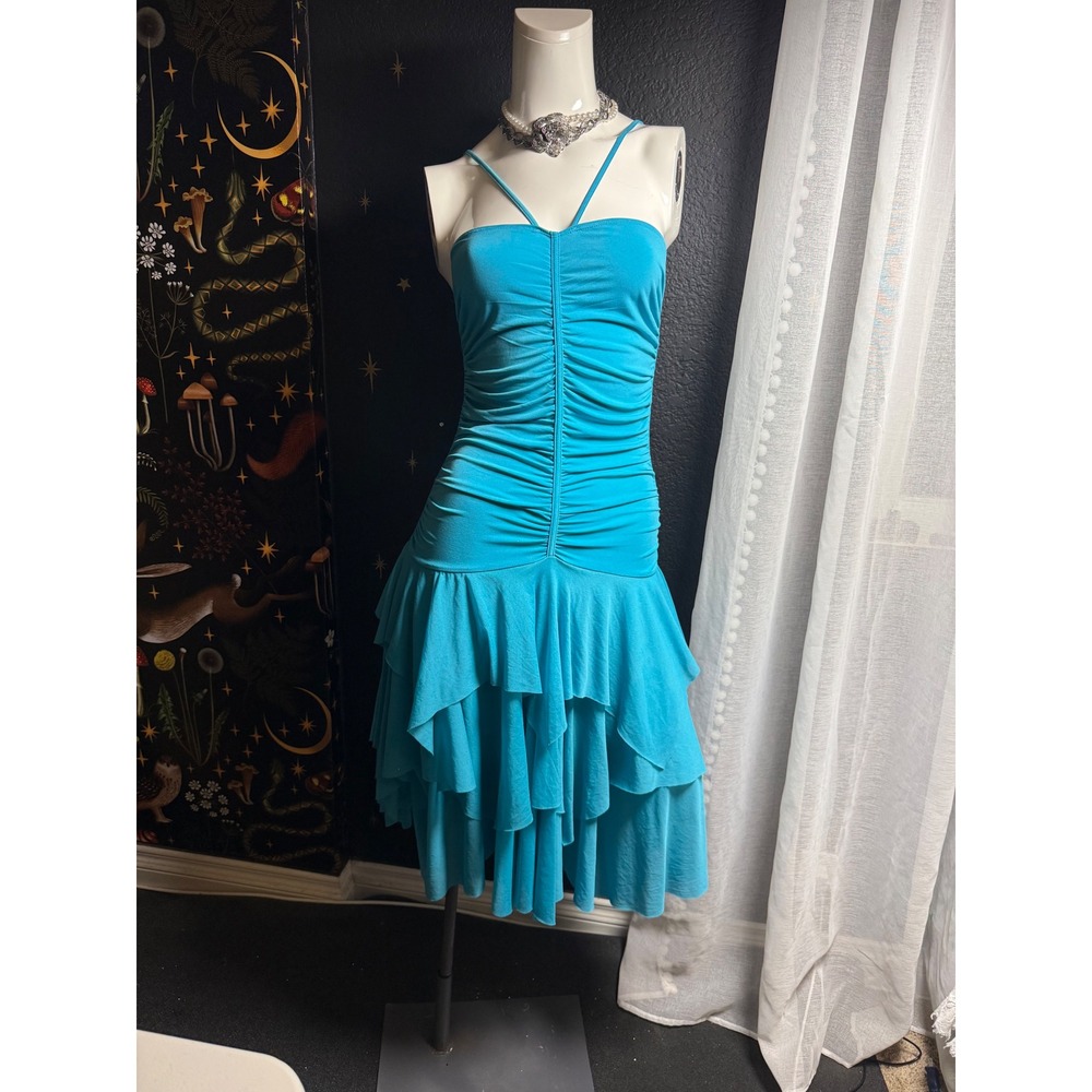 Moda International Ruched Ruffle Tiered Cocktail Dress Turquoise Blue Small